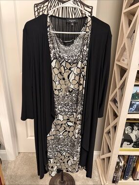 R & M Richards Black Cardigan with Cream and Black Floral Dress